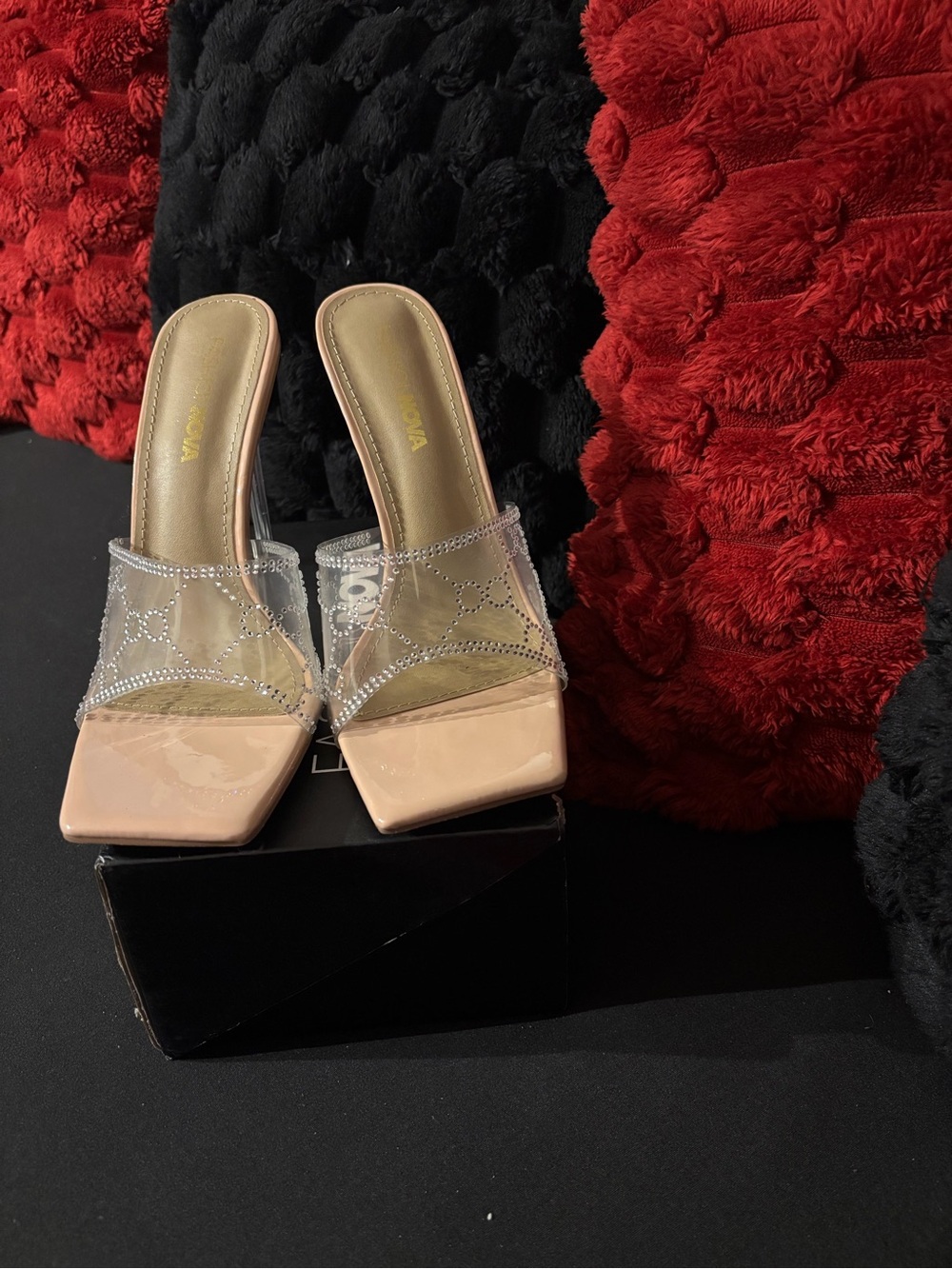 Clear Strap Nude Block Heel Mules